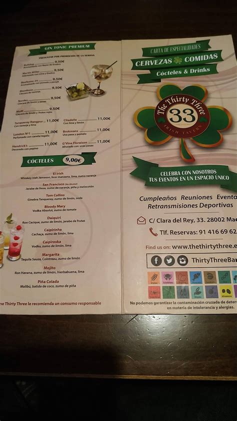 Sands Casino Pub Irlandes Menu